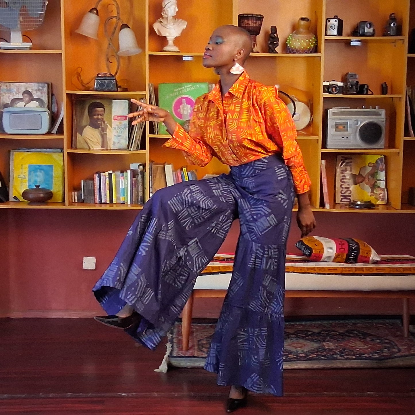 Blue Tribal Flared Gathered Trousers
