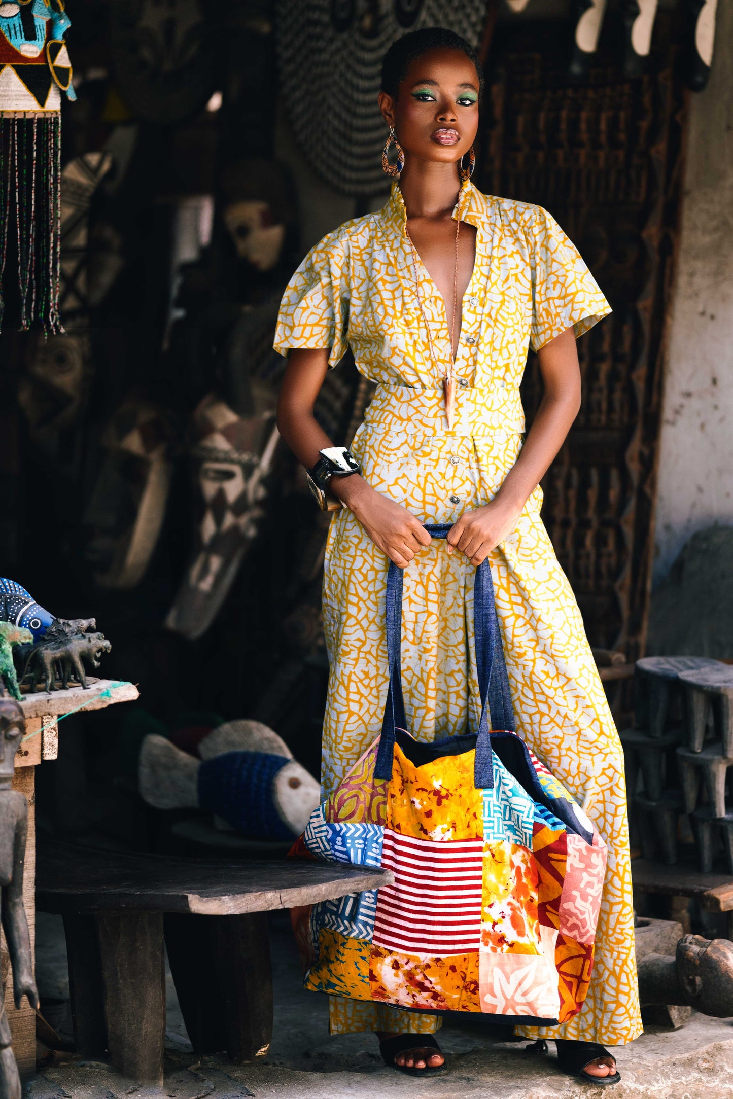 Ari Batik Jumpsuit with Semi-Deep Ruffled Neckline and Elastic Waist