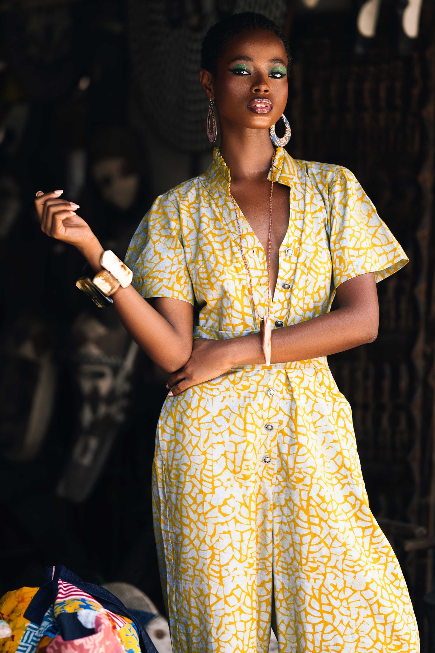 Ari Batik Jumpsuit with Semi-Deep Ruffled Neckline and Elastic Waist
