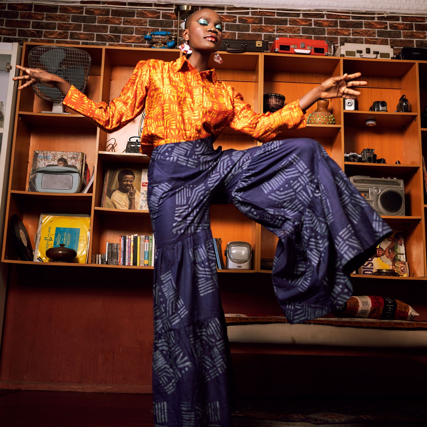 Blue Tribal Flared Gathered Trousers
