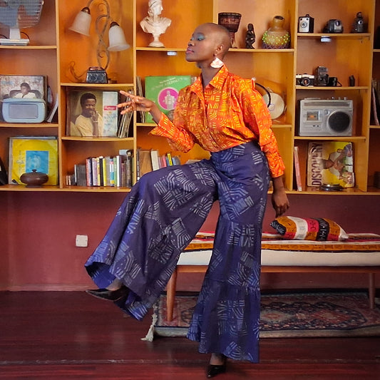 Blue Tribal Flared Gathered Trousers