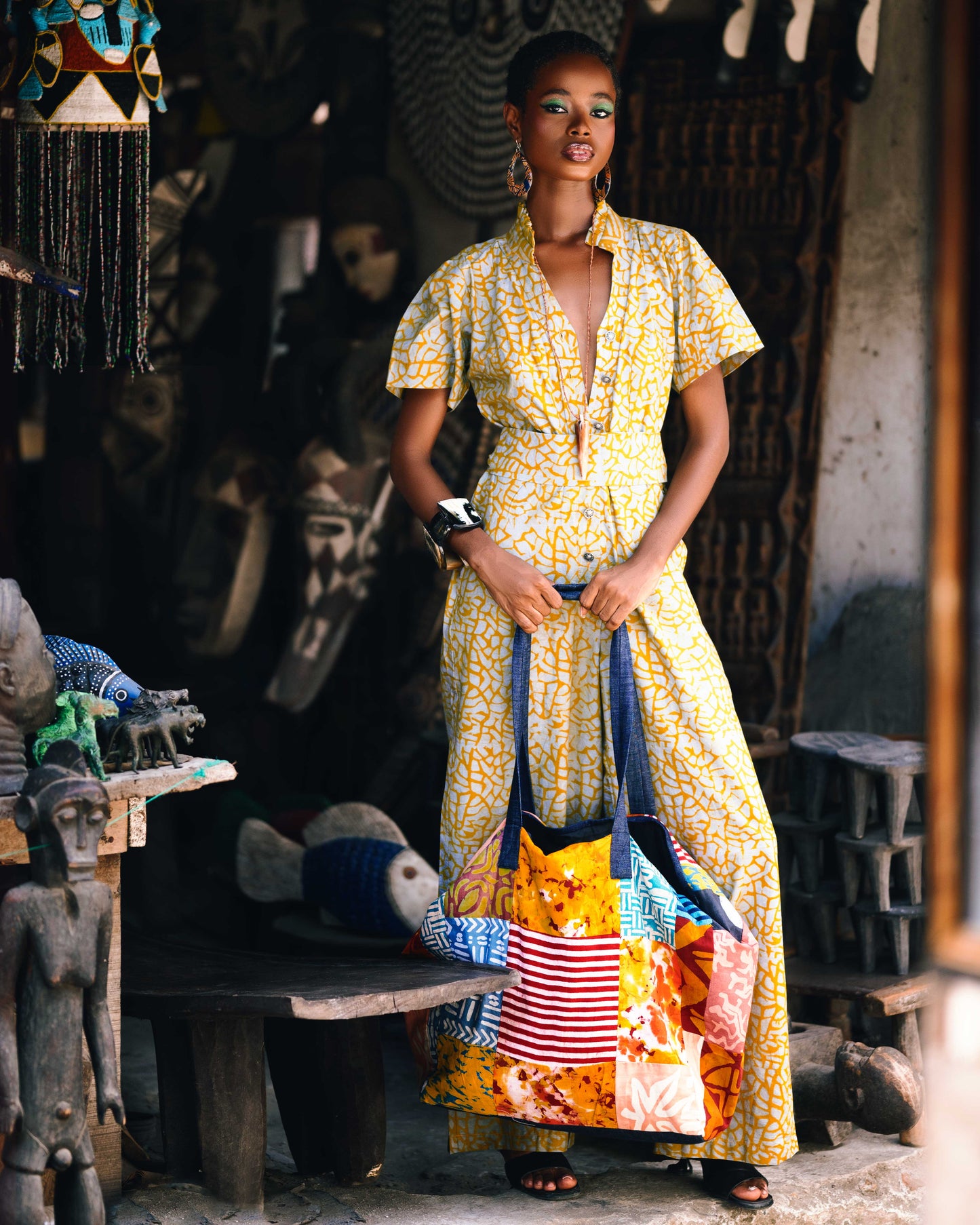 Ari Batik Jumpsuit with Semi-Deep Ruffled Neckline and Elastic Waist